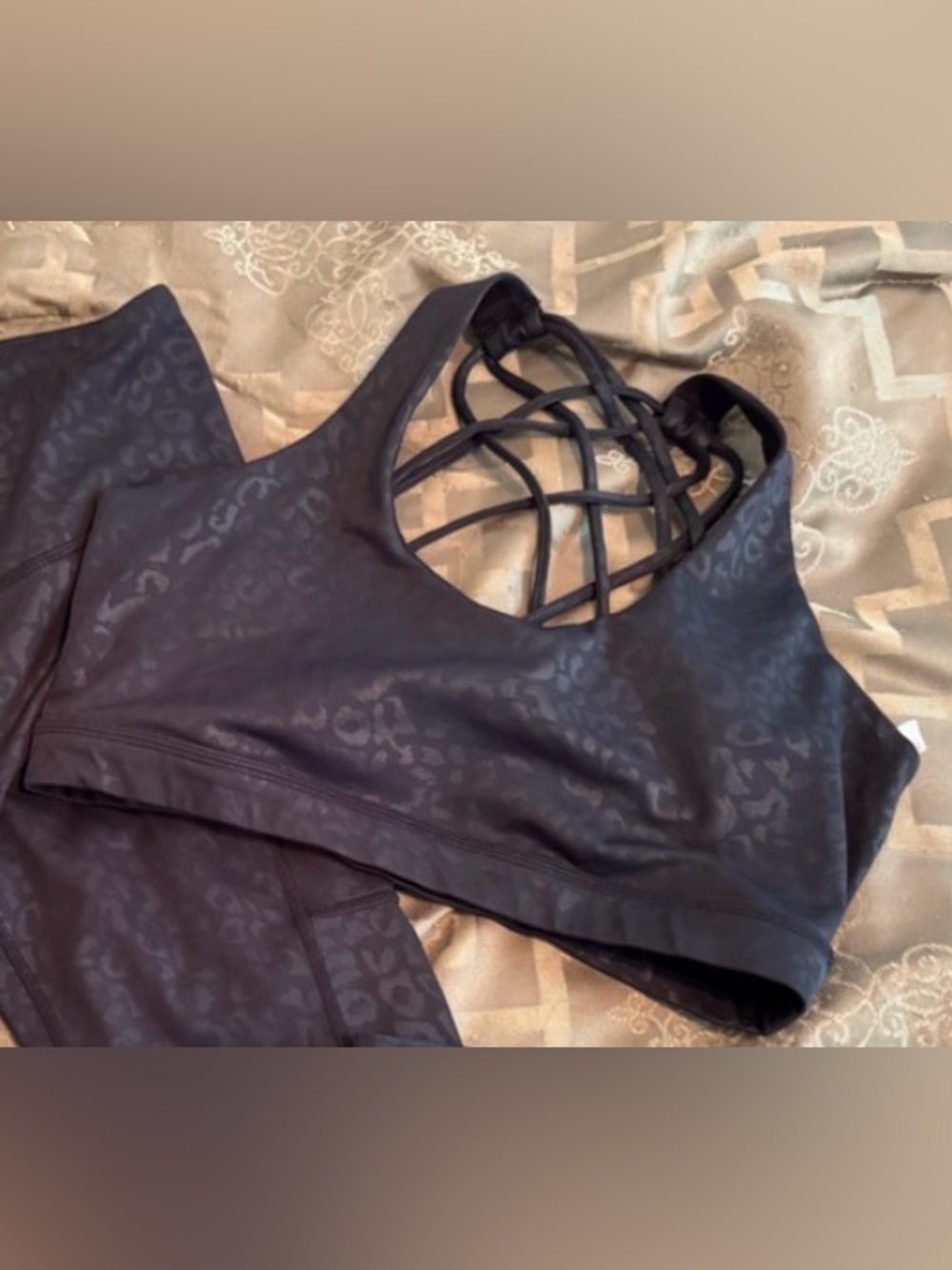 Strappy Black Leopard-Texture Sports Bra